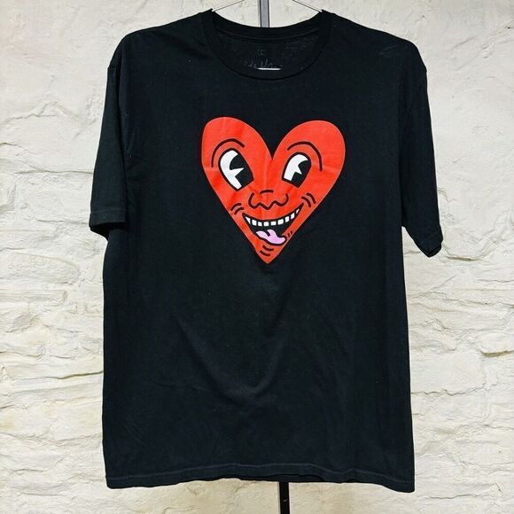 NWOT Artist Keith Haring Heart Drawing Print Black T-Shirt Size Large - Picture 1 of 5